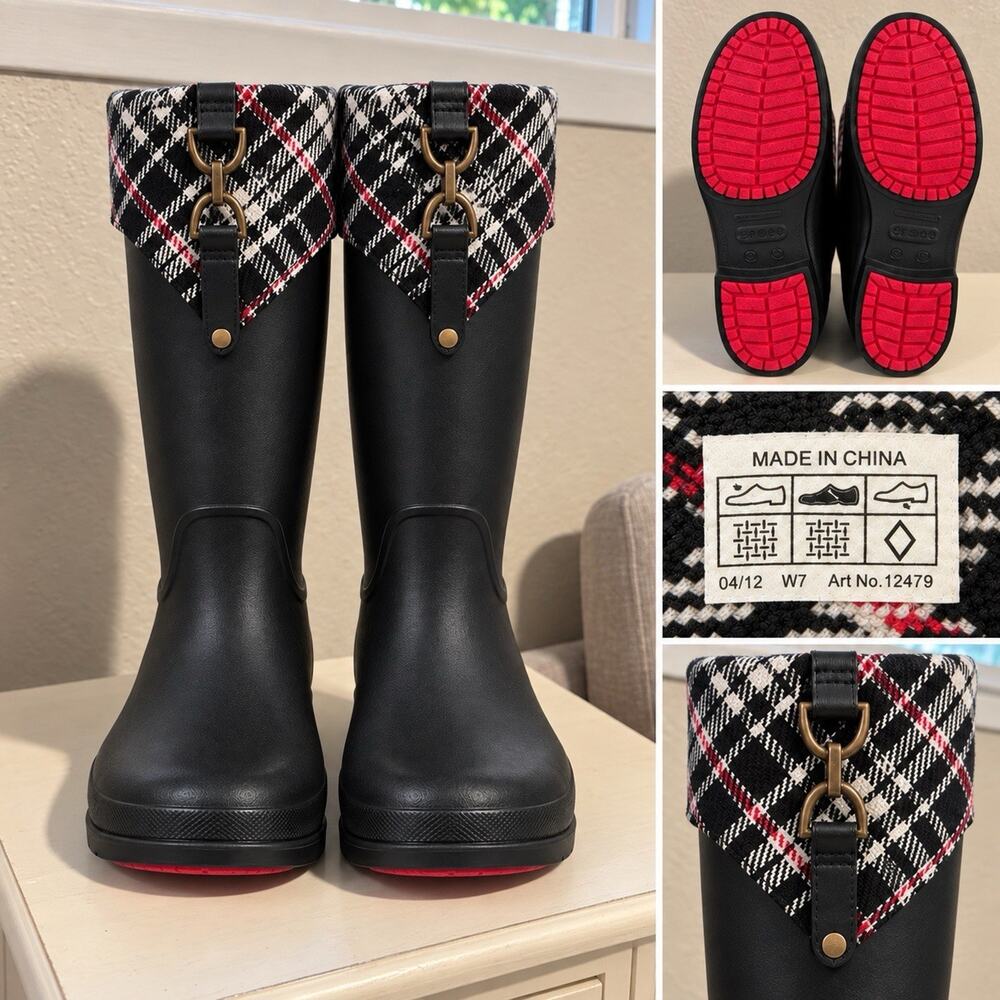 Crocs Birdie Black Plaid Rain Riding Boots Women’s 7 Waterproof Equestrian Tall